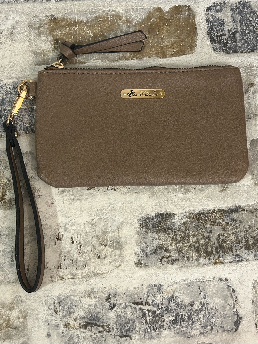 Montana West Taupe Brown Leather Zip Wristlet with Gold Plate